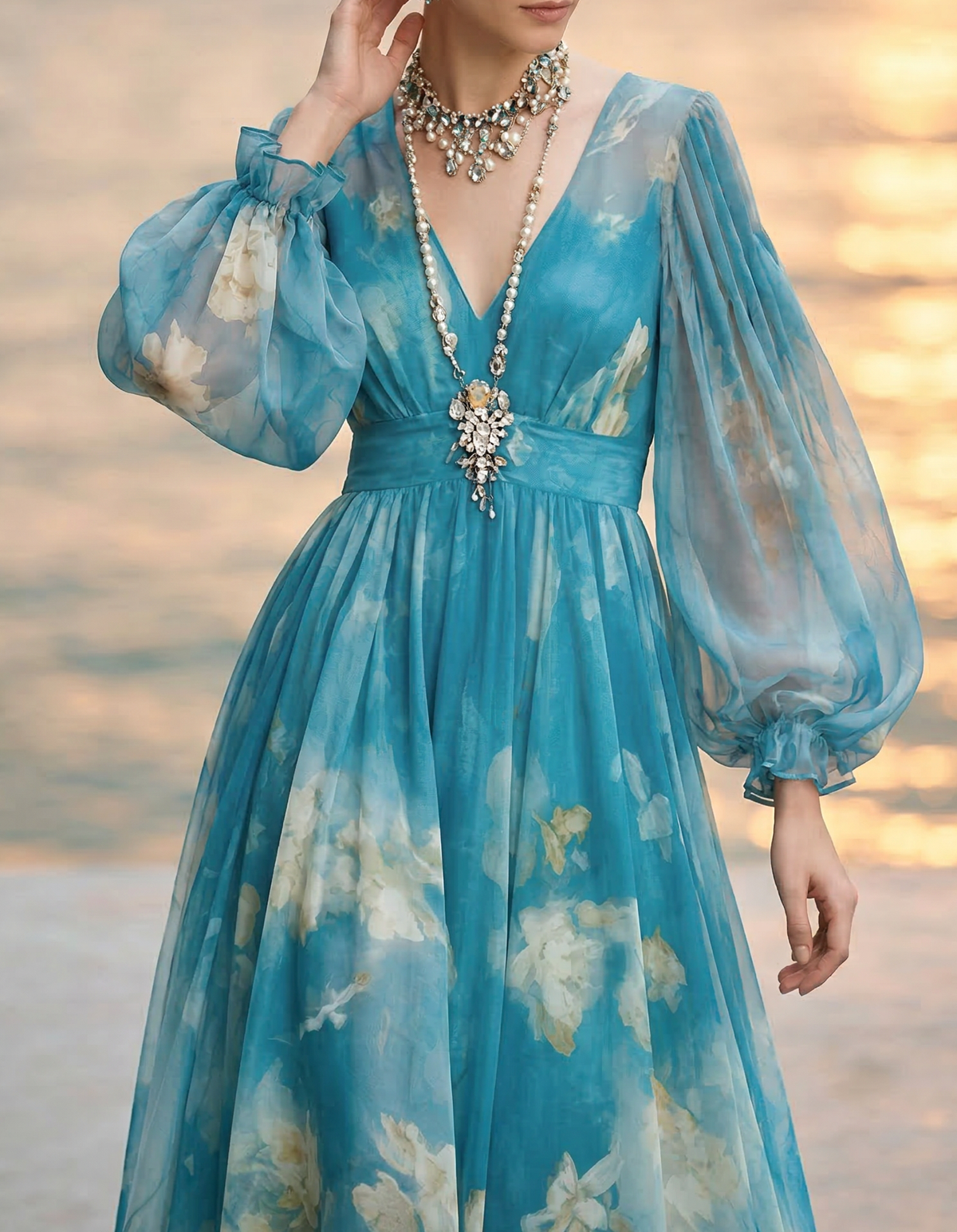 Vestido maxi de gasa azul con escote en V y estampado