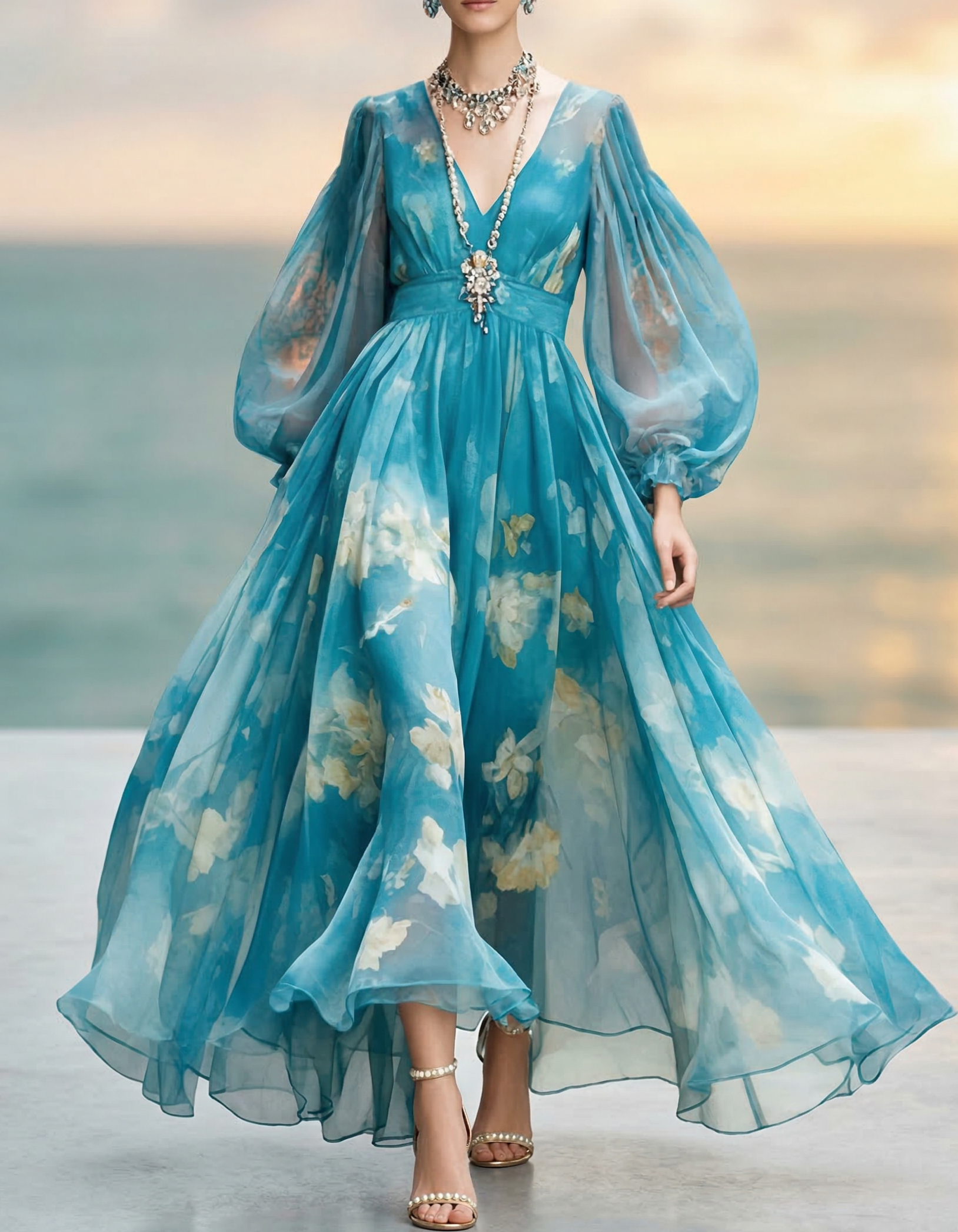 Abito lungo in chiffon blu con scollo a V e stampa