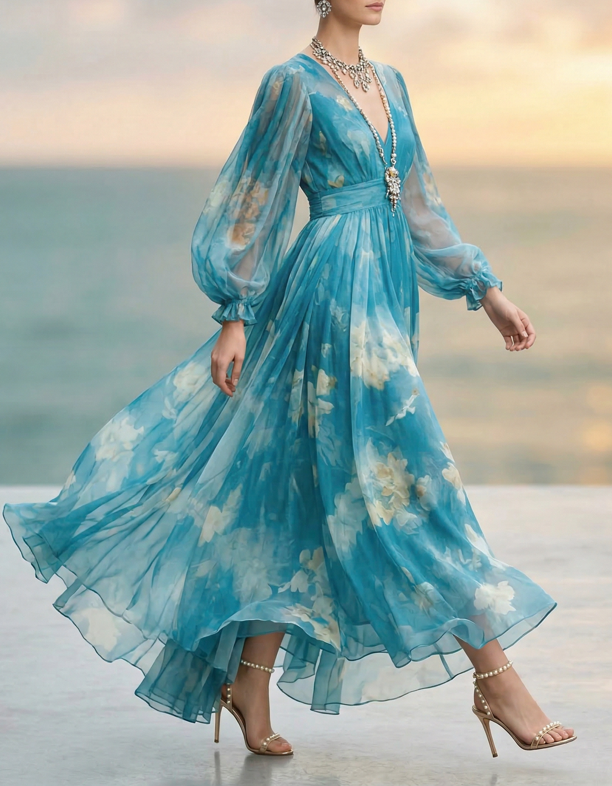 Blaues Chiffon Maxikleid mit V-Ausschnitt und Druck