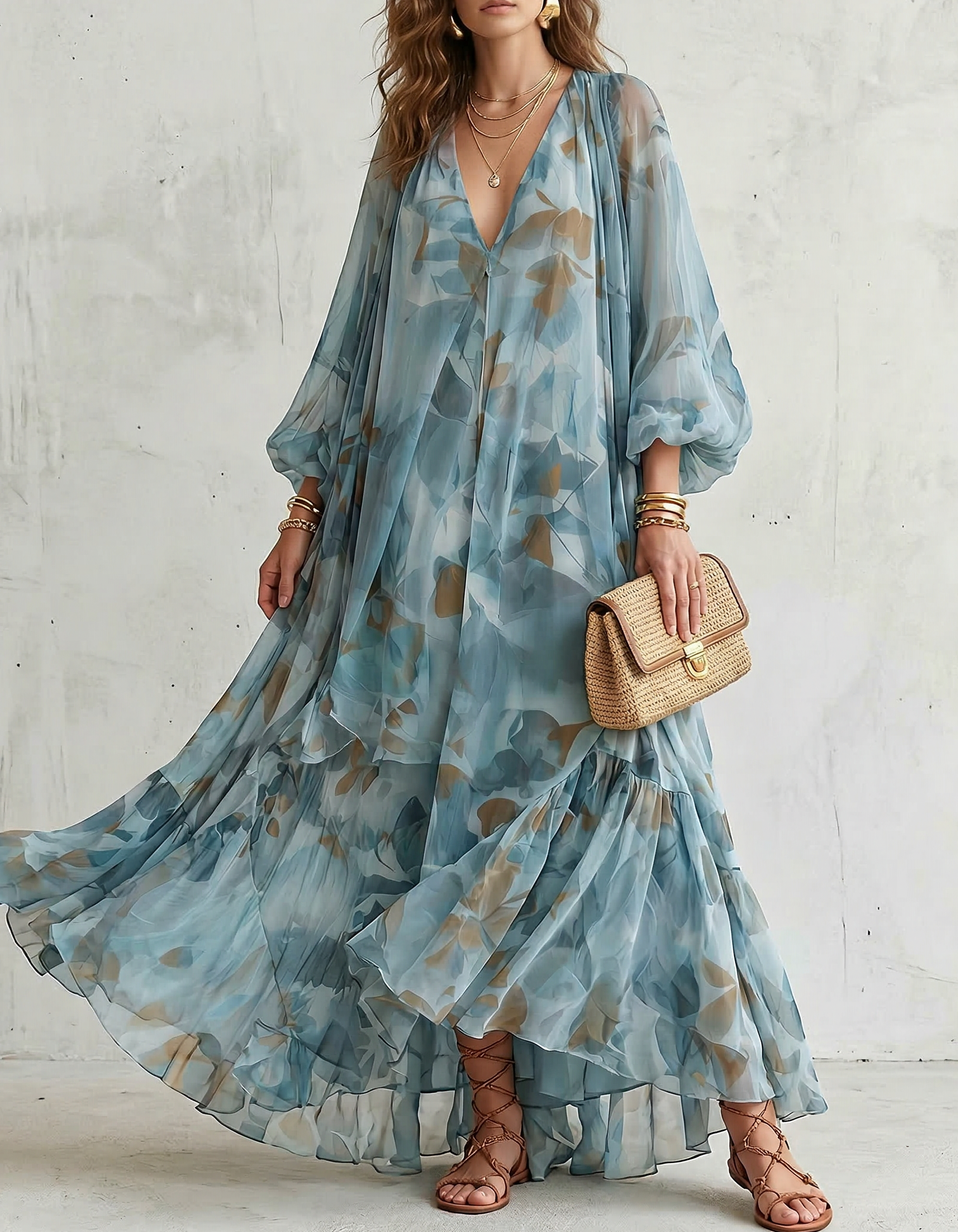 Blue-Grey Chiffon Printed Maxi Dress