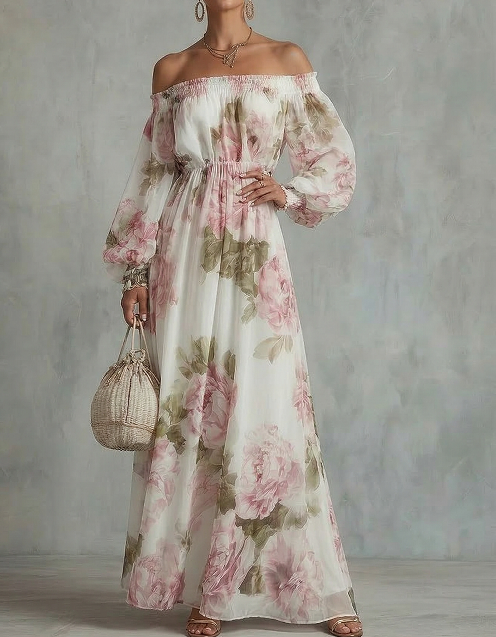 Abito lungo in chiffon rosa con stampa floreale
