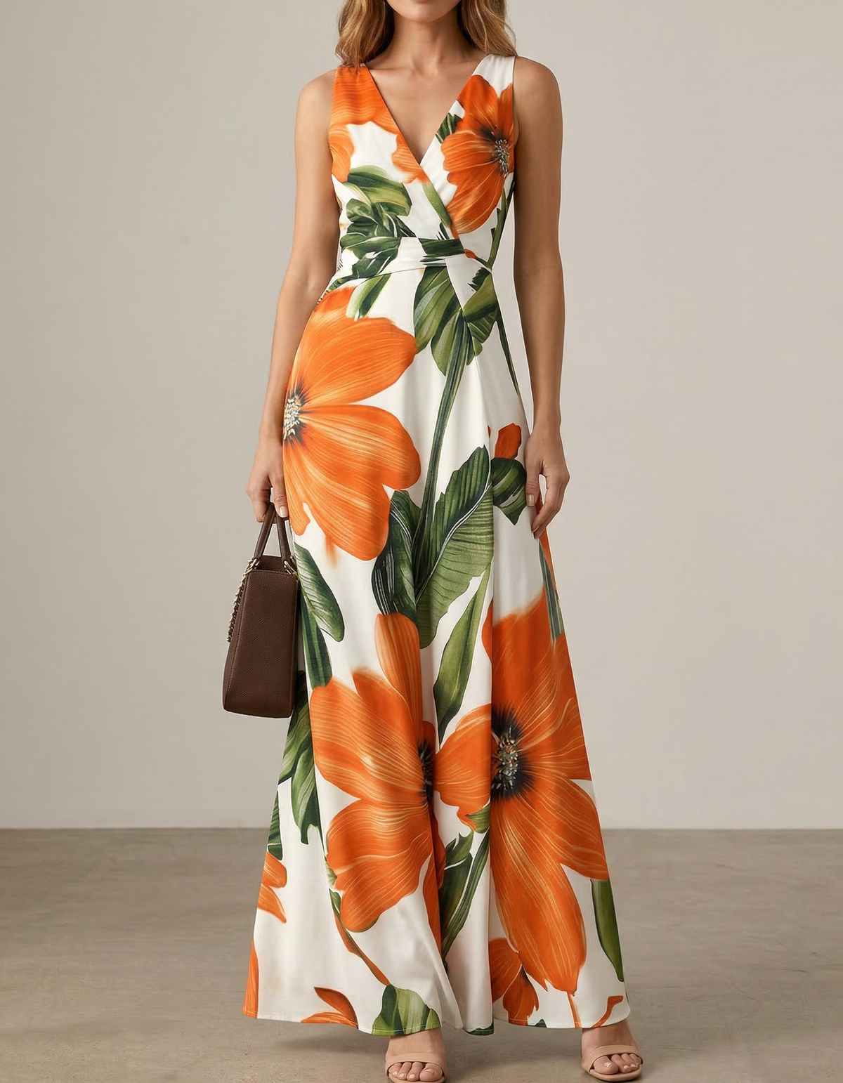 Abito lungo in chiffon con scollo a V, stampa floreale e vita aderente