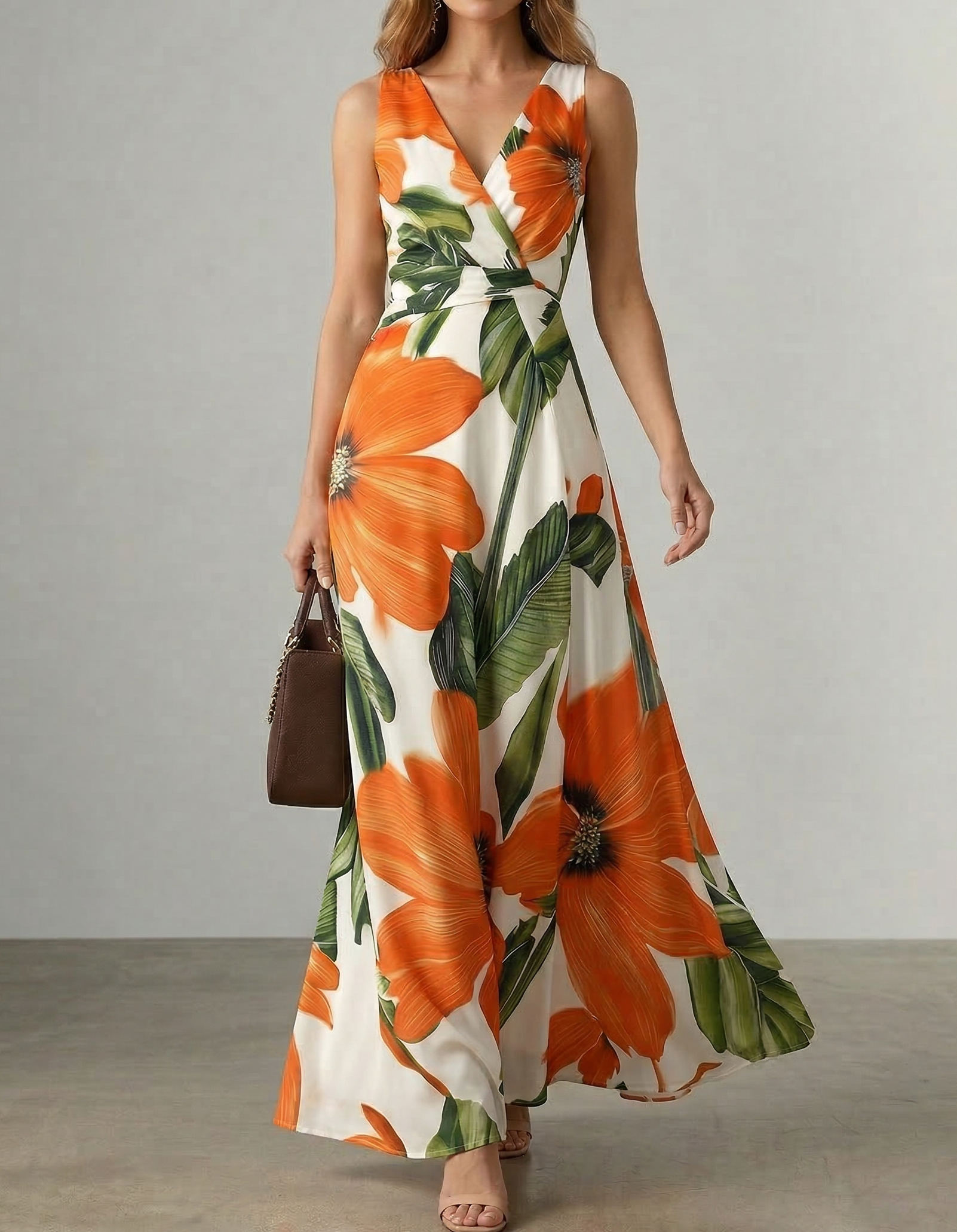 Vestido Maxi de Chiffon com Decote em V, Estampa Floral e Cintura Ajustada