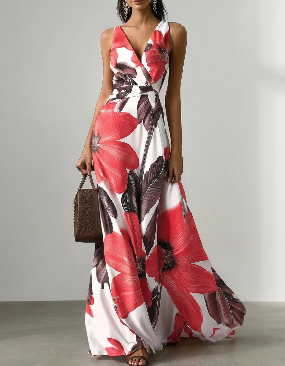 Abito lungo in chiffon con scollo a V, stampa floreale e vita aderente