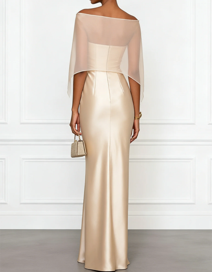 Robe longue satinée épaules dénudées avec châle en chiffon