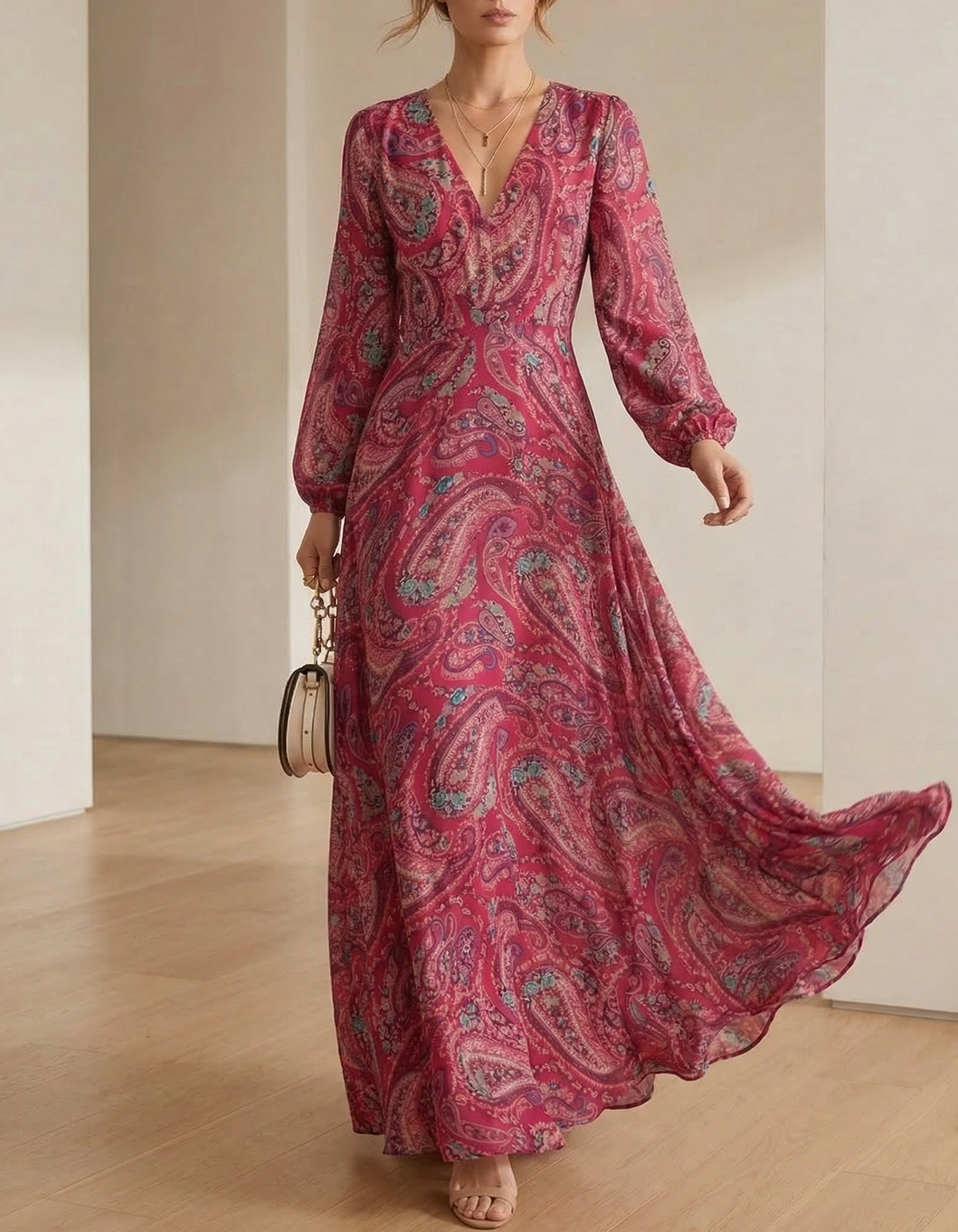 Rochie maxi roz trandafiriu din chiffon cu imprimeu floral  