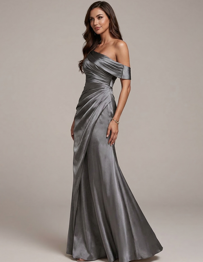 Maxikleid aus Satin mit gerafftem Off-Shoulder-Ausschnitt
