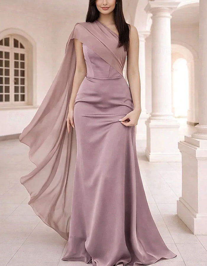 Solid Color Satin One Shoulder Chiffon With Ribbon Fishtail Maxi Dress – Elirelle