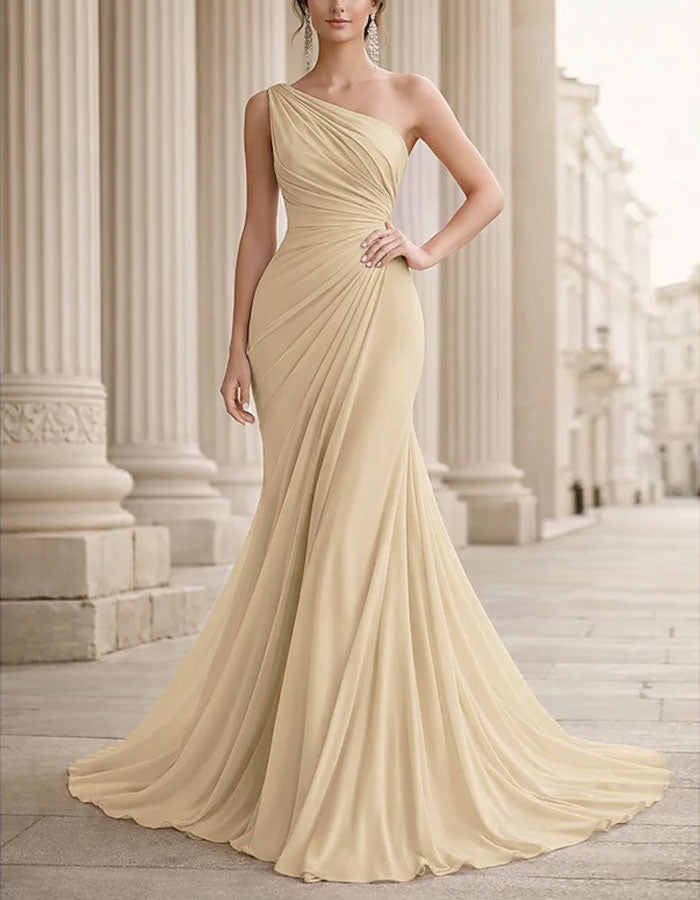 Vestido Maxi de Chiffon de Cor Sólida com Um Ombro Torcido e Cauda de Peixe  