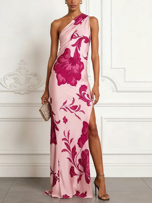 Rosa Maxikleid aus Satin mit Blumenmuster, einer Schulter und Schlitz