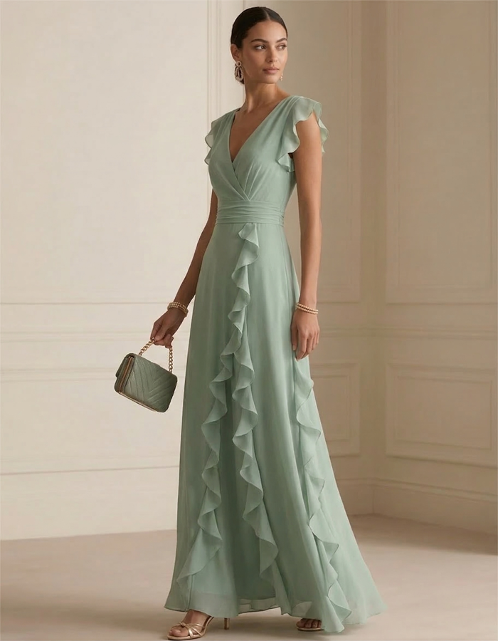 Sage Green Chiffon Ruffled Deep V-Neck Maxi Dress