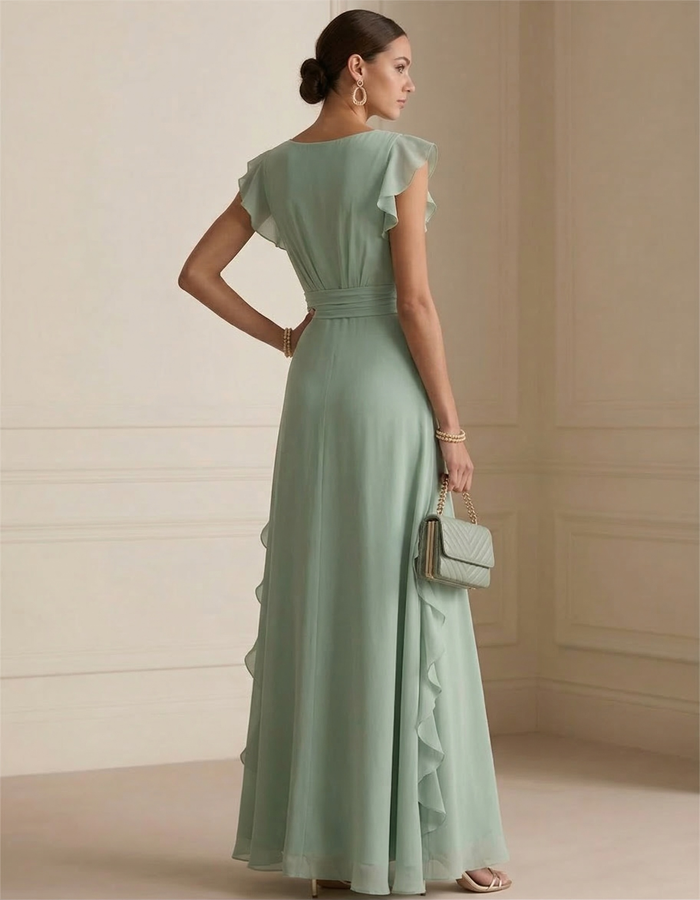 Sage Green Chiffon Ruffled Deep V-Neck Maxi Dress