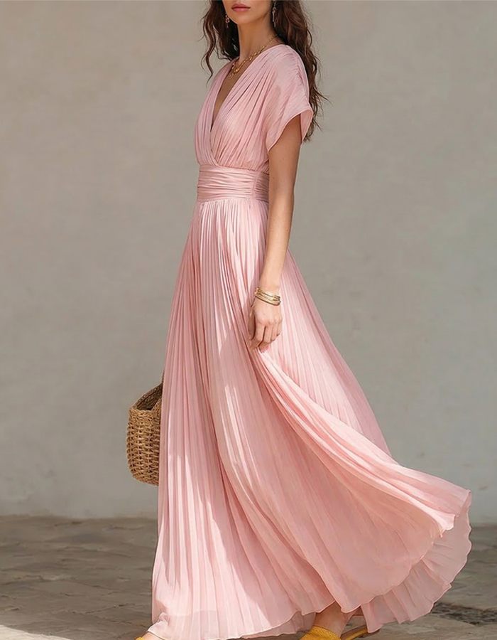 Pink Pleated Chiffon Deep V-Neck Maxi Dress