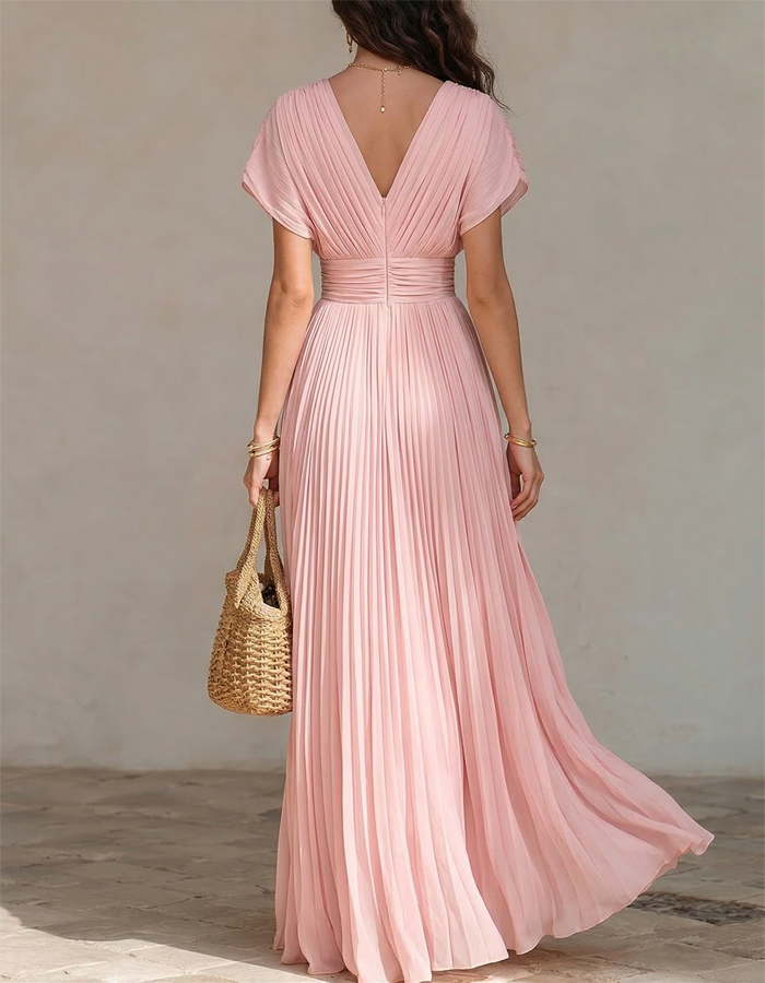 Pink Pleated Chiffon Deep V-Neck Maxi Dress