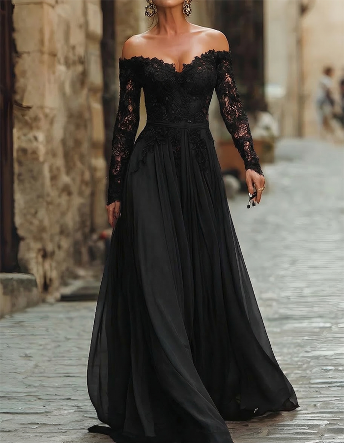 Rochie maxi din șifon cu dantelă și umeri goi