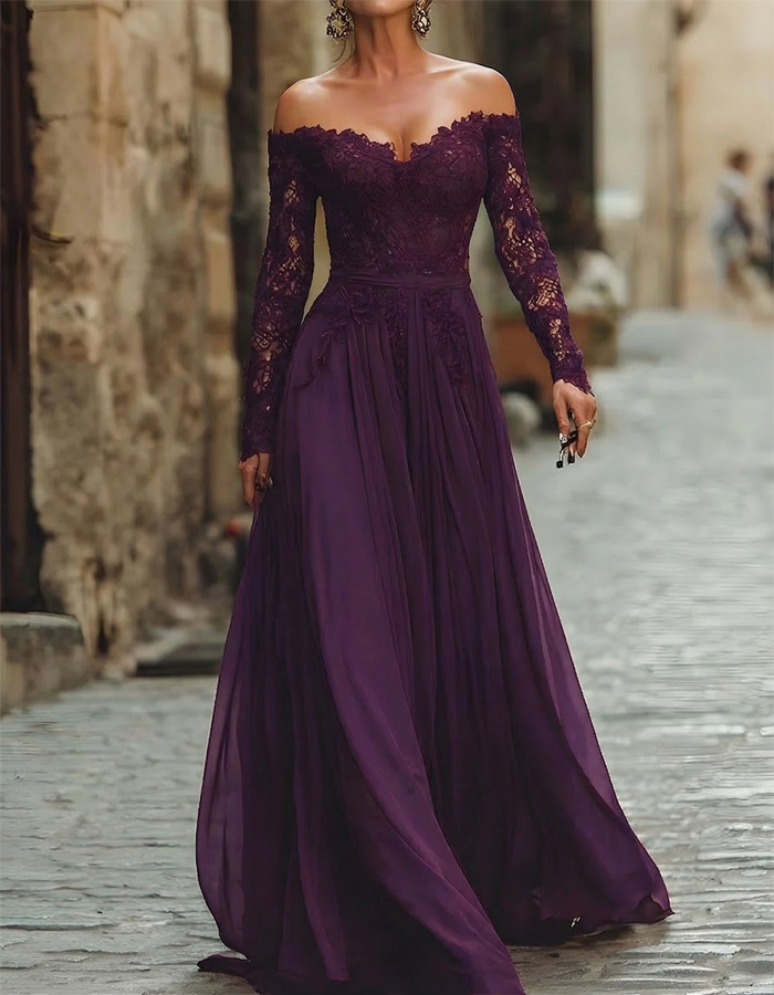 Rochie maxi din șifon cu dantelă și umeri goi