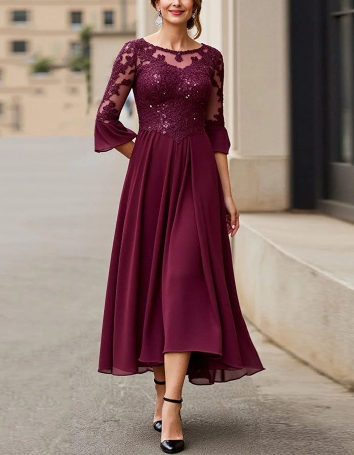 Abito midi in chiffon bordeaux con pizzo e paillettes