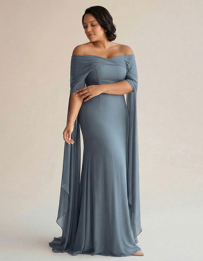 Plus size blauwgrijze chiffon shawl-stijl off-shoulder maxi-jurk