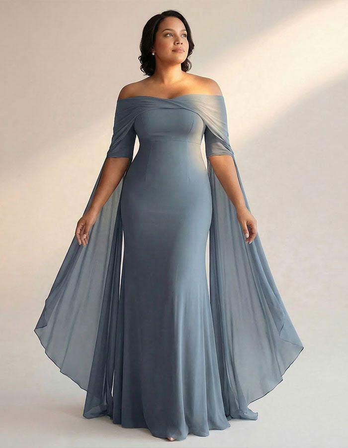 Vestido maxi azul grisáceo de gasa talla grande, estilo chal y hombros descubiertos  