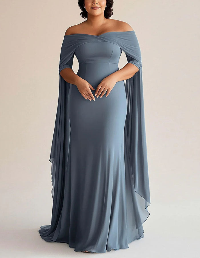 Vestido maxi azul grisáceo de gasa talla grande, estilo chal y hombros descubiertos  