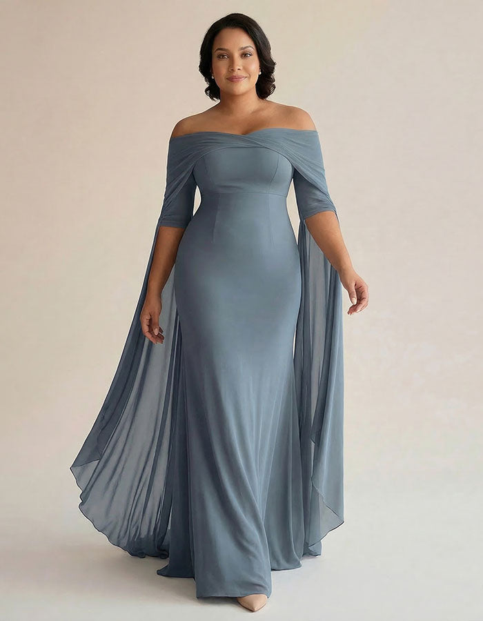 Vestido maxi azul grisáceo de gasa talla grande, estilo chal y hombros descubiertos  