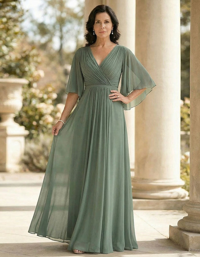 Rochie maxi verde-gri din chiffon cu decolteu în V și mâneci evazate  