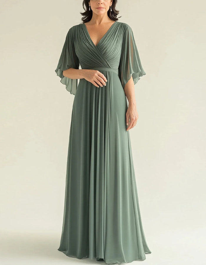 Vestido maxi verde grisáceo de gasa con escote en V y mangas con vuelo  