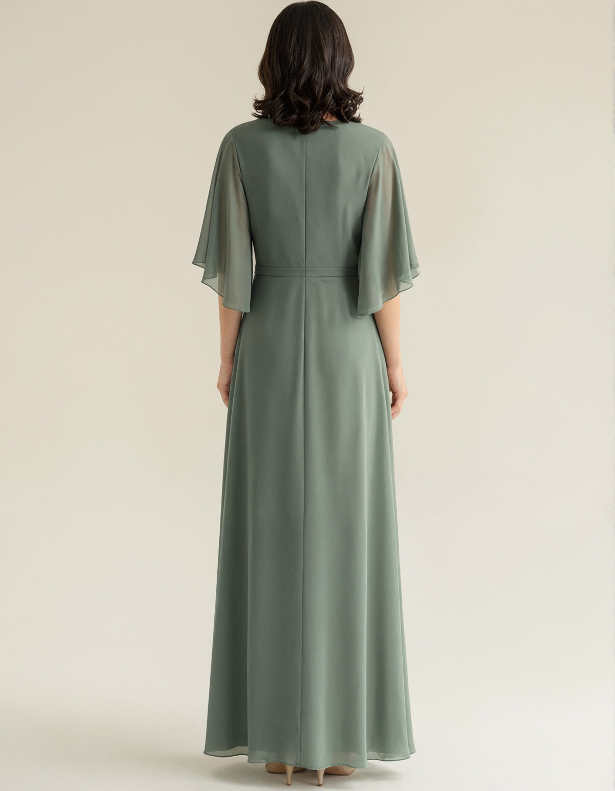 Rochie maxi verde-gri din chiffon cu decolteu în V și mâneci evazate  