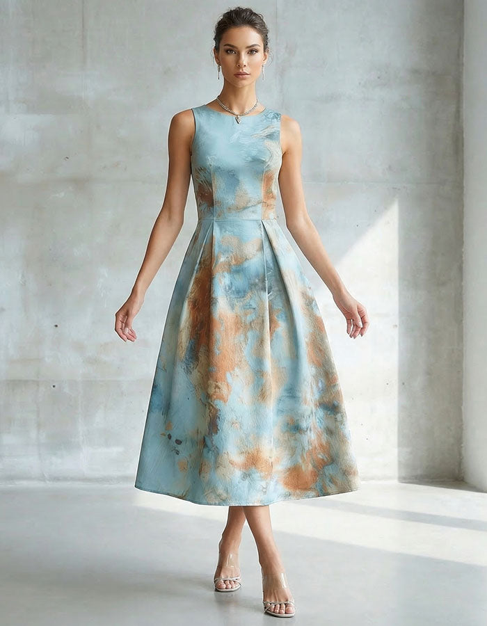Oranje mouwloze midi-jurk met getailleerde taille en uitlopende rok