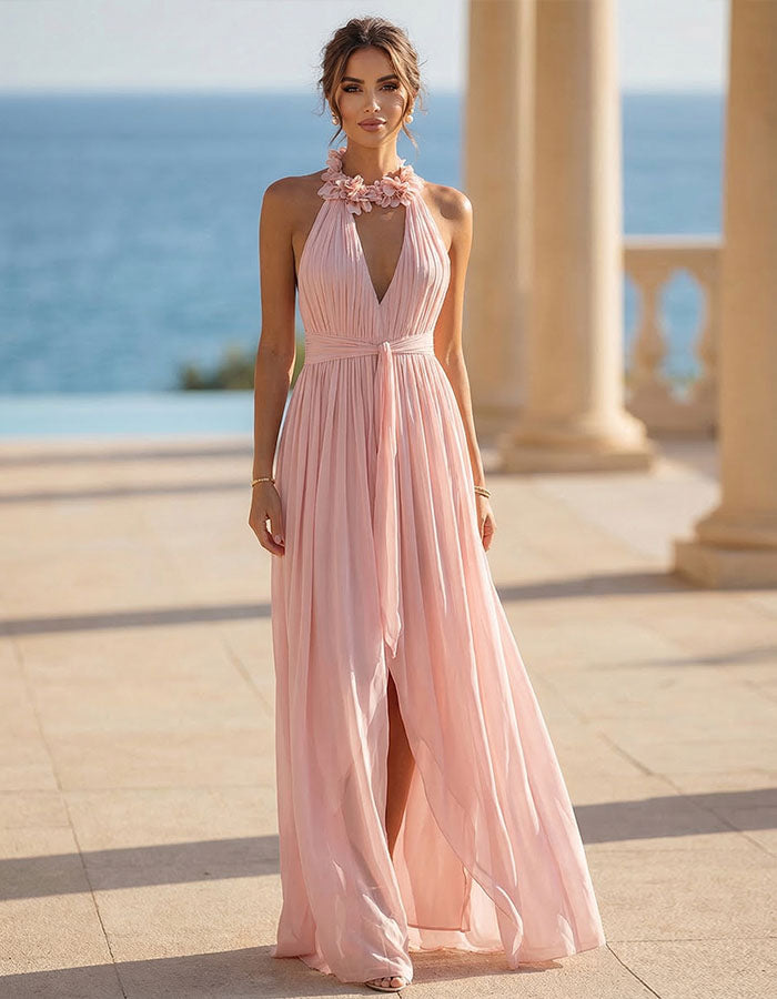 Abito lungo in chiffon rosa con collo all'americana e fiori 3D