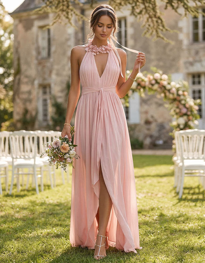 Abito lungo in chiffon rosa con collo all'americana e fiori 3D