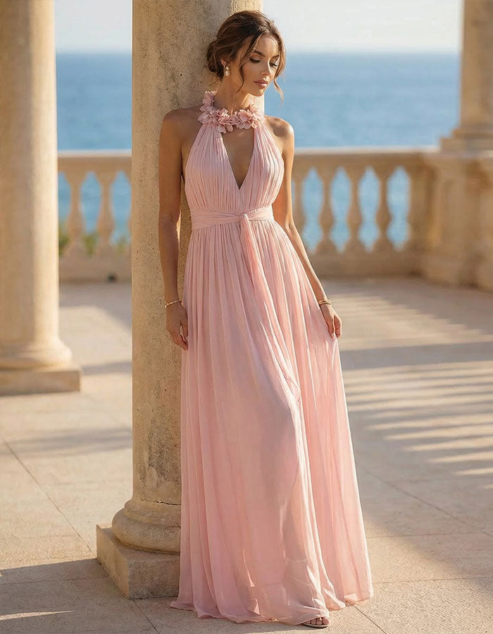 Abito lungo in chiffon rosa con collo all'americana e fiori 3D