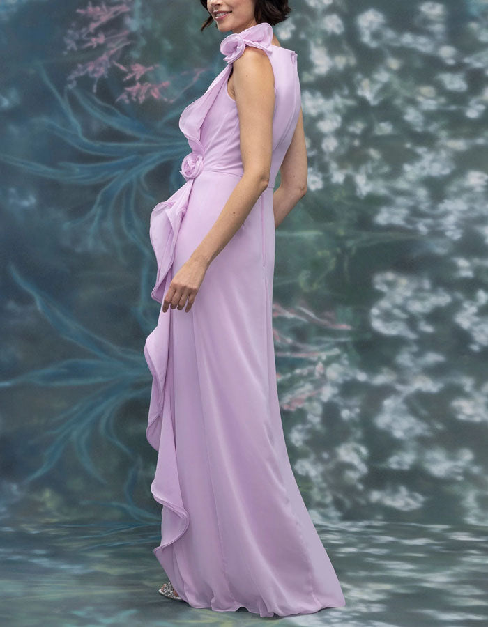 Einfarbiges Maxikleid aus Chiffon mit 3D-Blumen und Rüschen