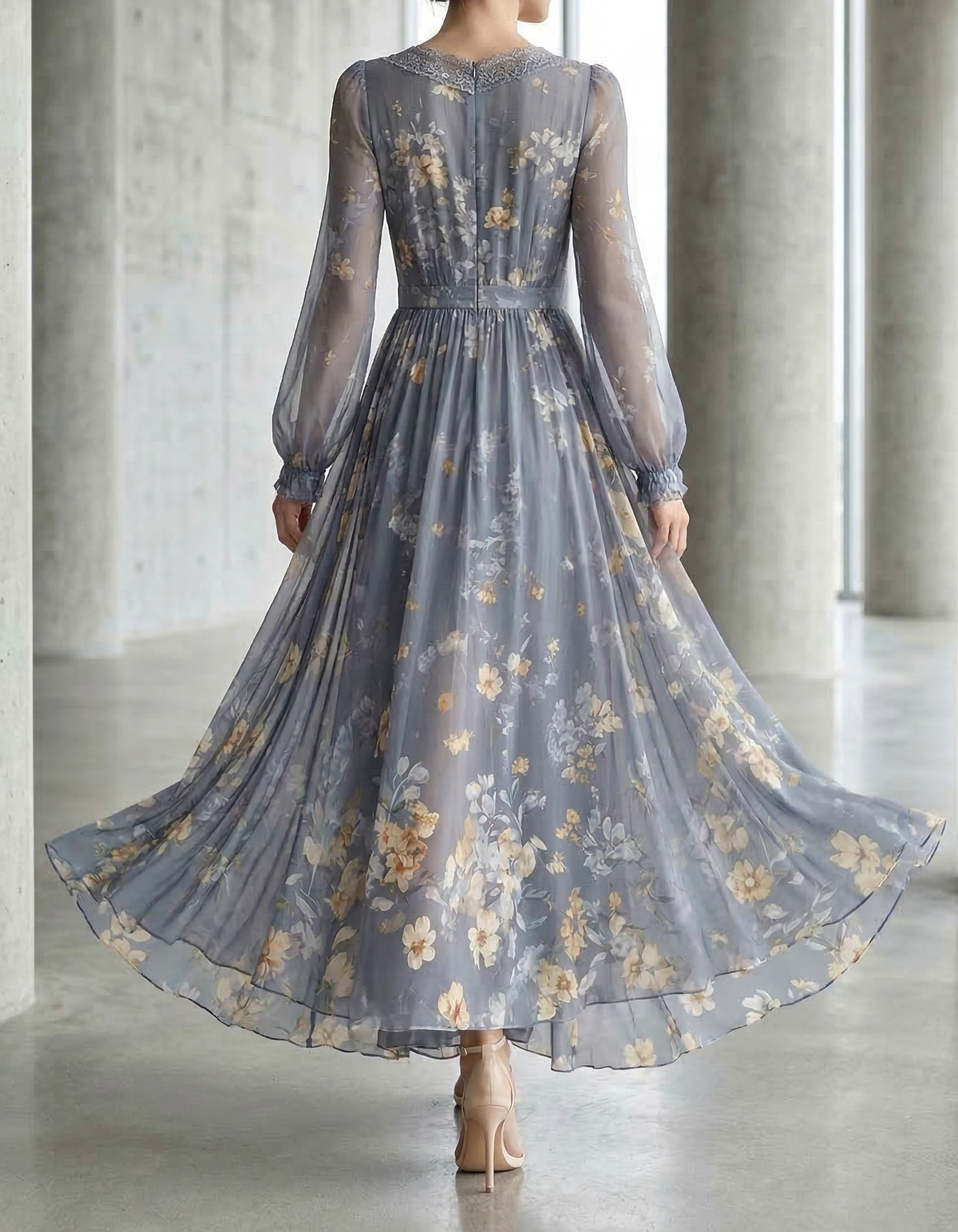 Vestido Maxi de Chiffon Cinzento-Azul com Decote em V, Renda e Estampa