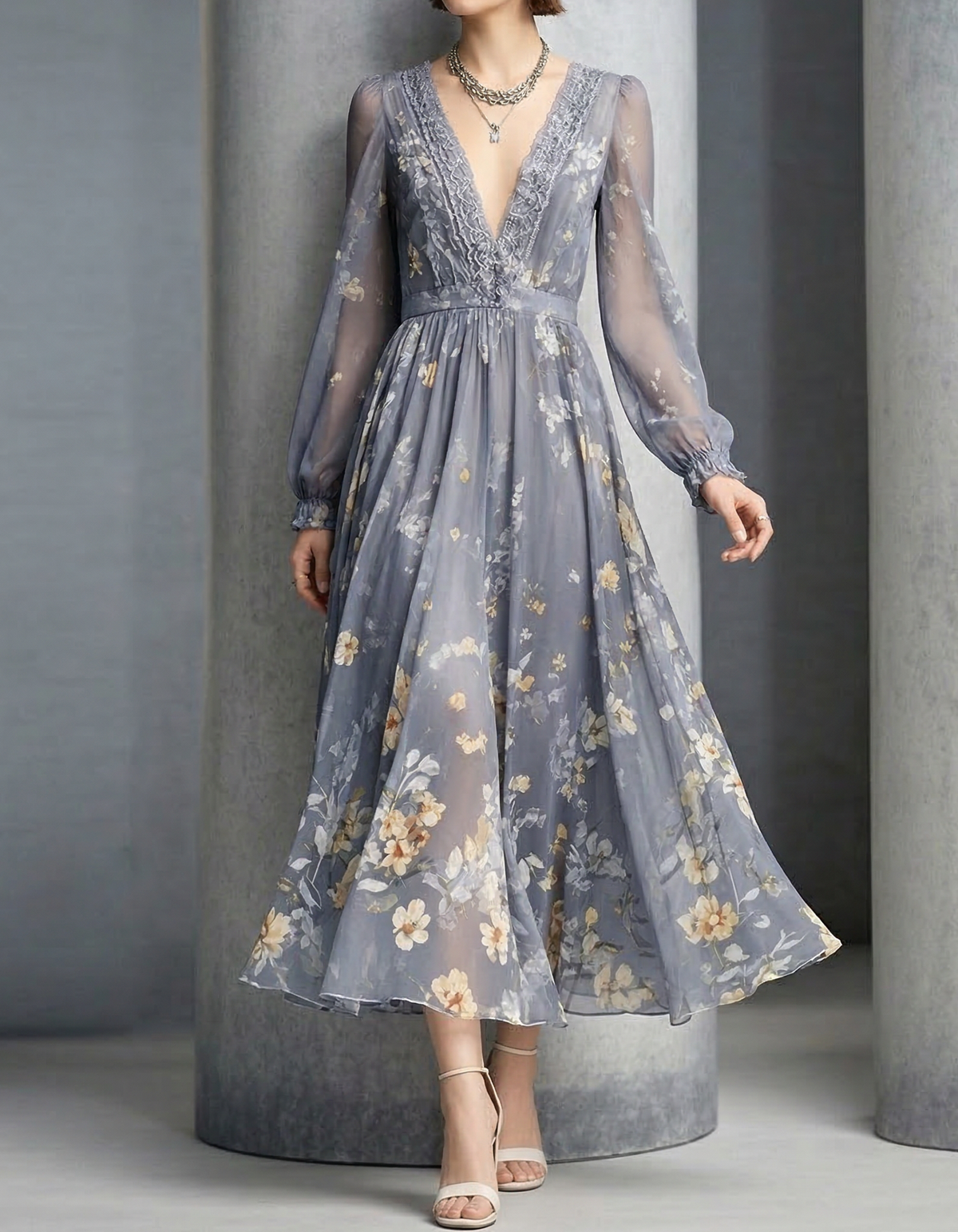 Vestido Maxi de Chiffon Cinzento-Azul com Decote em V, Renda e Estampa
