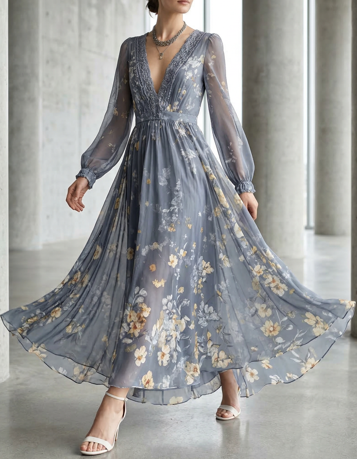 Grau-blaues Chiffon Maxikleid mit V-Ausschnitt, Spitze und Druck
