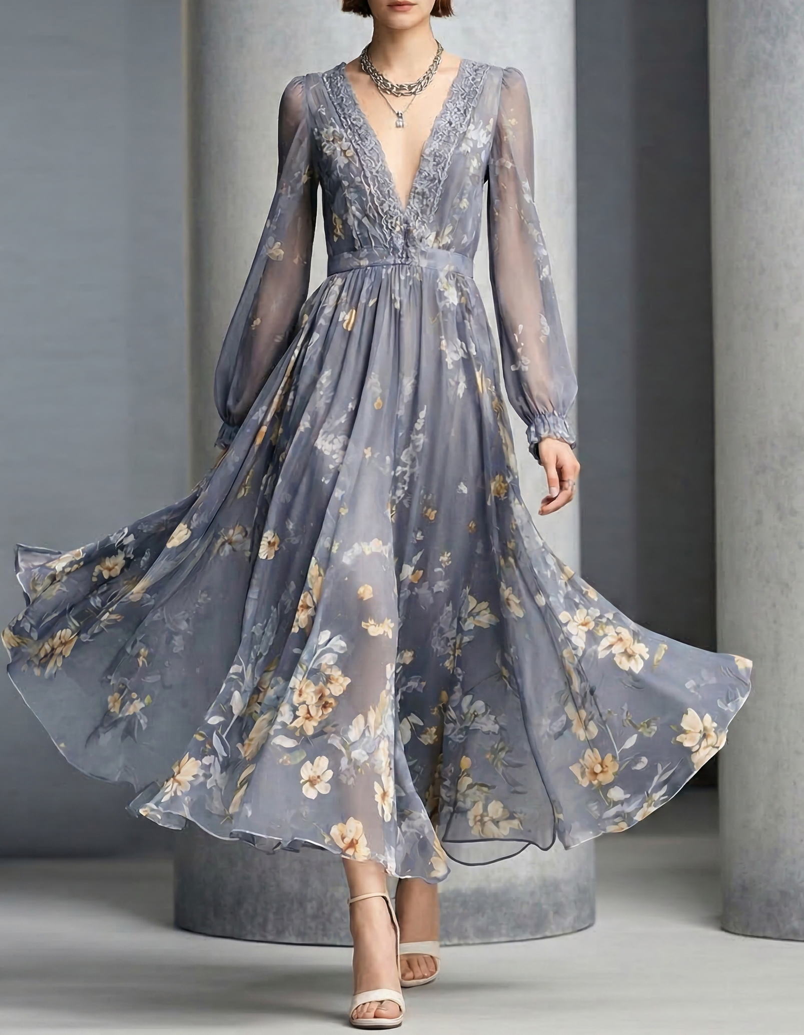Abito midi in chiffon grigio-blu con scollo a V e pizzo stampato