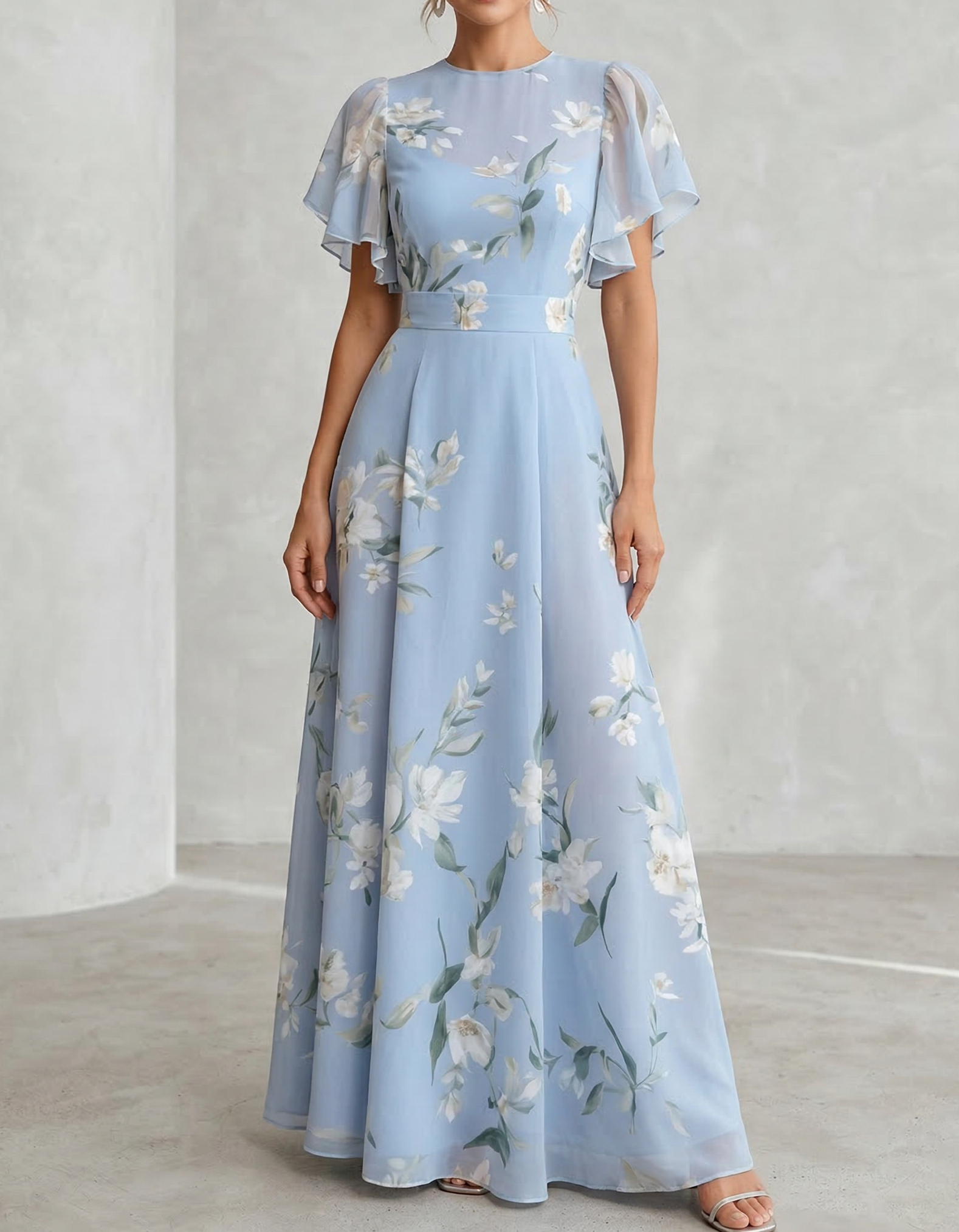 Lichtblauwe Chiffon Ronde Hals Ruches Print Maxi Jurk