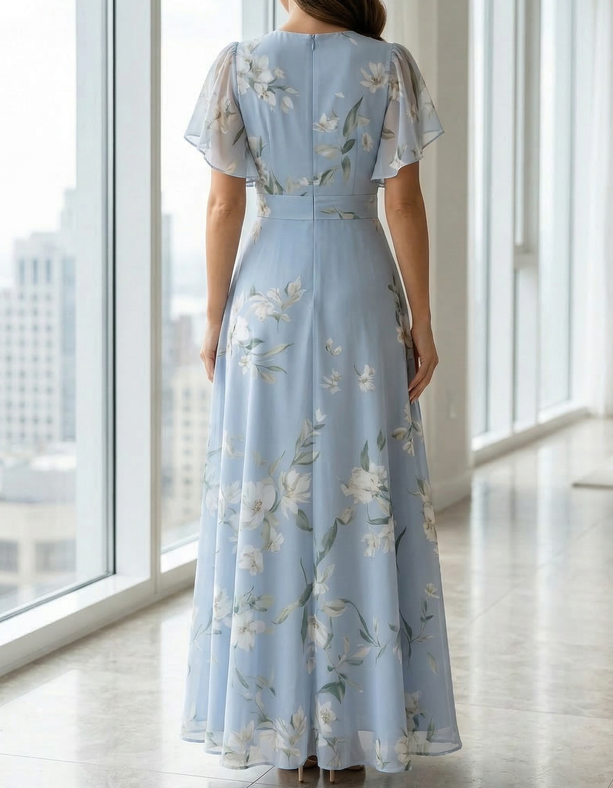 Lichtblauwe Chiffon Ronde Hals Ruches Print Maxi Jurk