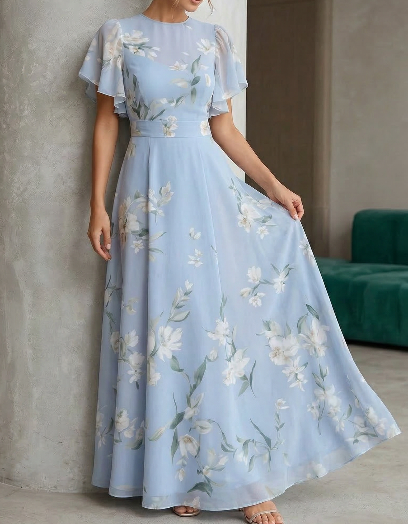 Lichtblauwe Chiffon Ronde Hals Ruches Print Maxi Jurk