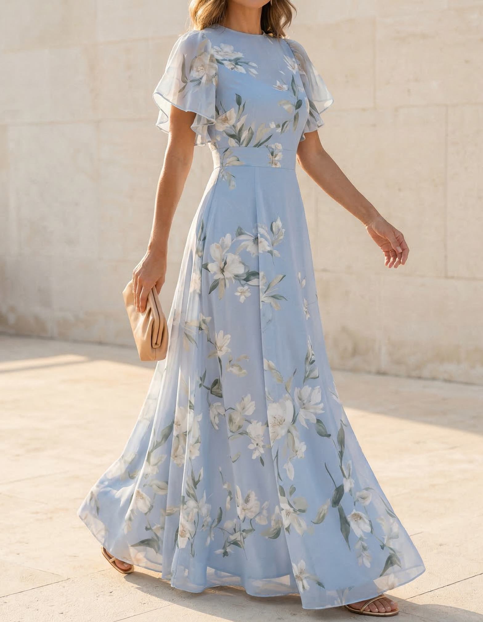 Hellblaues Chiffon Maxikleid mit Rundhalsausschnitt, Rüschen und Druck