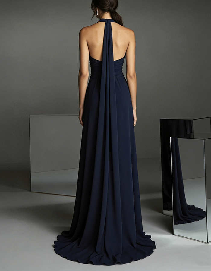 Marineblauwe chiffon halter-hals maxi-jurk