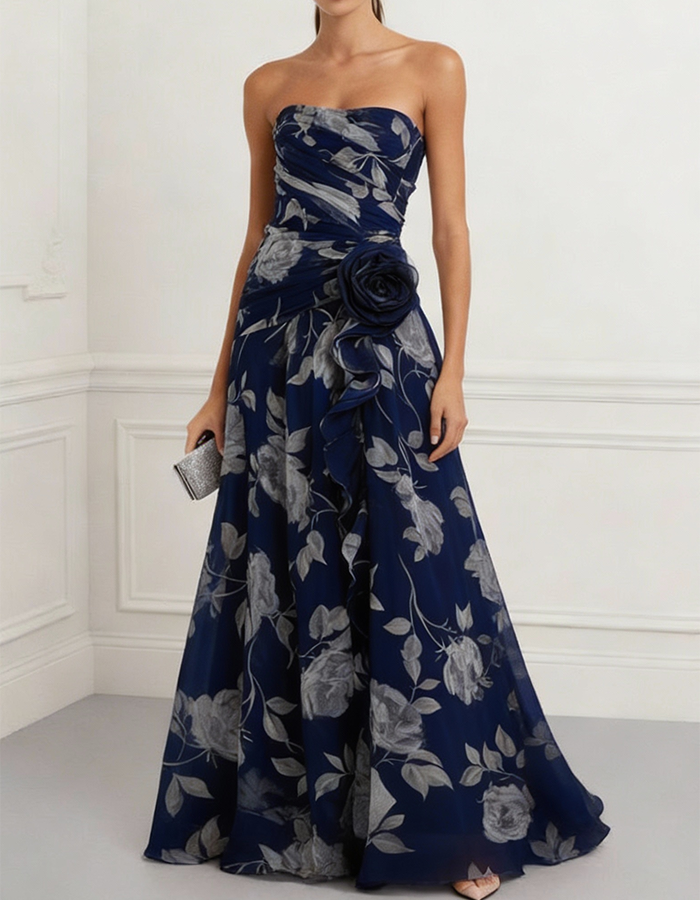 Dusty Pink Floral Chiffon Strapless Corset Maxi Dress