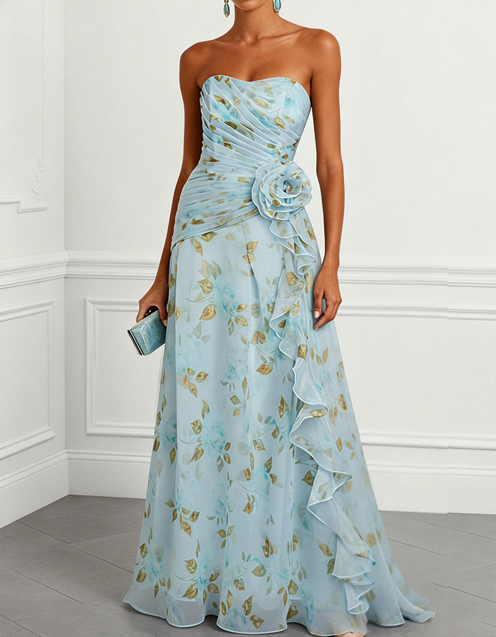 Dusty Pink Floral Chiffon Strapless Corset Maxi Dress