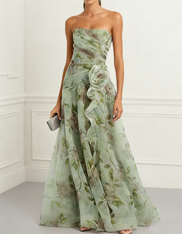 Dusty Pink Floral Chiffon Strapless Corset Maxi Dress