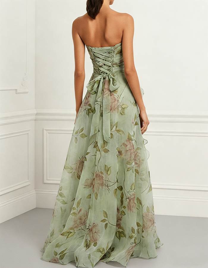 Staubrosa Blumenmuster Chiffon trägerlos Korsett Maxikleid