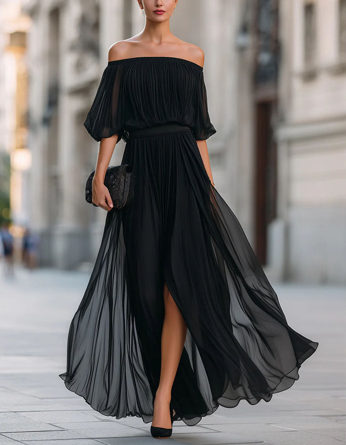 Vestido maxi negro de gasa con hombros descubiertos y abertura  