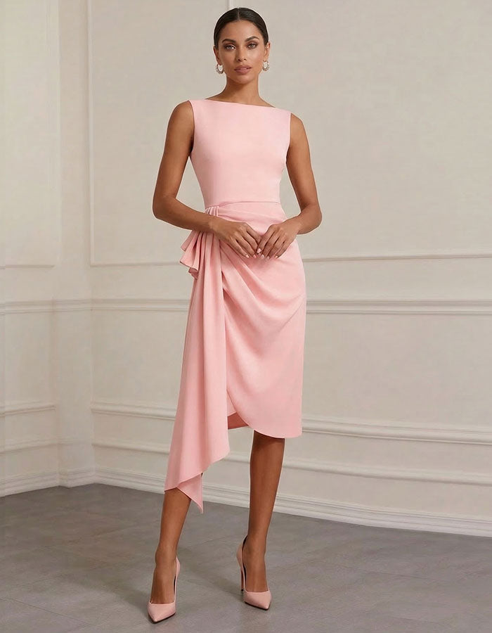 Robe midi rose drapée avec nœud sur le côté  