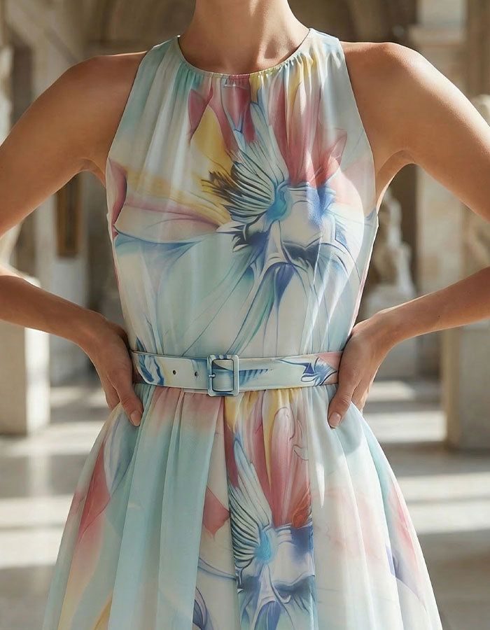 Abito lungo con sfondo blu, fiori iridescenti, collo all'americana e vita aderente
