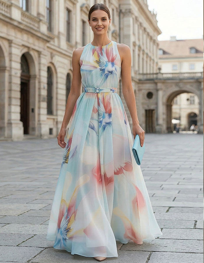Vestido maxi azul com fundo e flores iridescentes, gola halter e cintura franzida